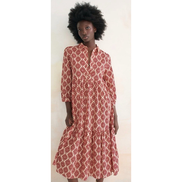 Zara Red Geometric Print Tiered Long Sleeve Midi Dress Women's Large Resort - Picture 1 of 9